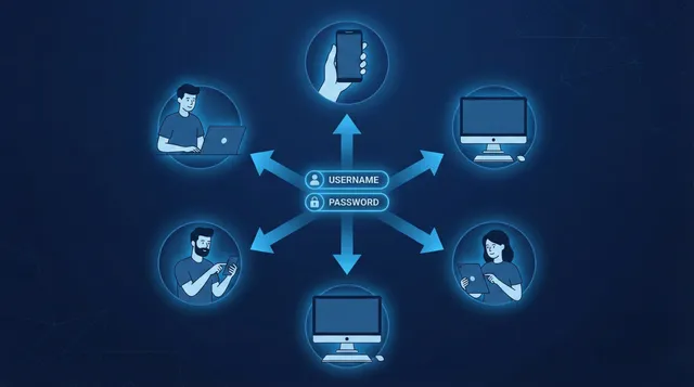 Illustration of a single login credential being shared across multiple devices and people in an enterprise setting