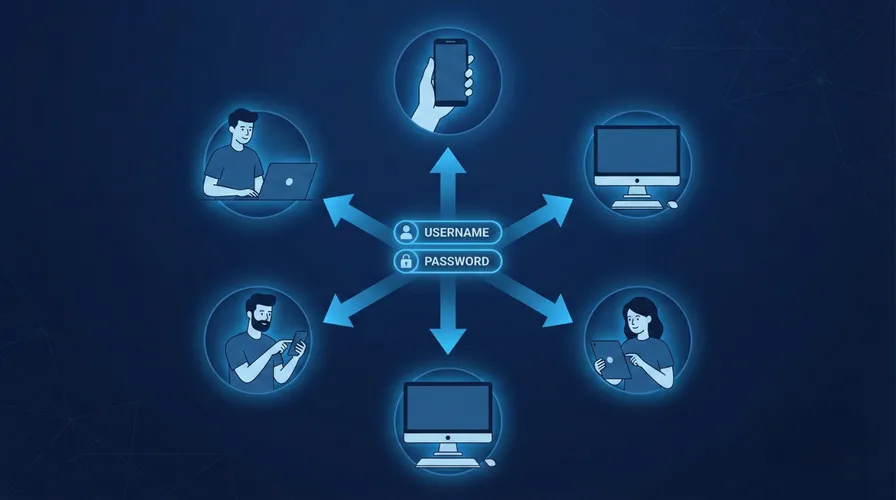 Illustration of a single login credential being shared across multiple devices and people in an enterprise setting