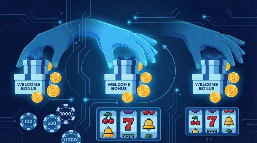 Illustration of a figure collecting multiple welcome bonus gift boxes from a gambling platform, representing bonus abuse fraud in iGaming