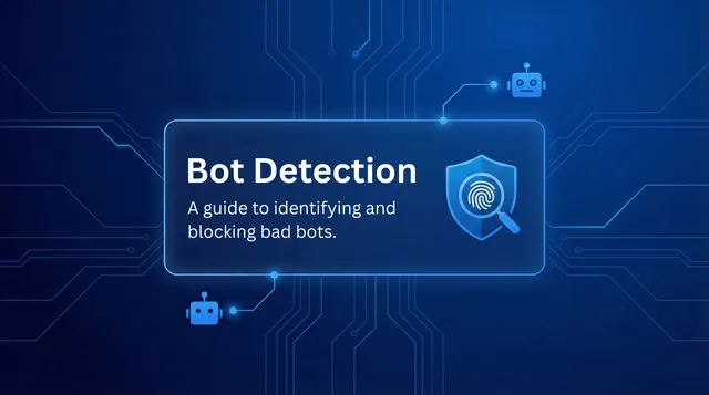 Bot detection guide showing a shield with fingerprint icon and bot icons on a dark blue circuit board background
