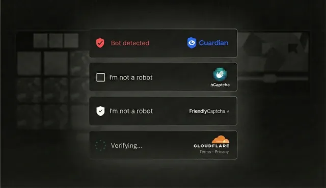 Comparison of reCAPTCHA alternatives including Cloudflare Turnstile, hCaptcha, and Guardian for bot prevention
