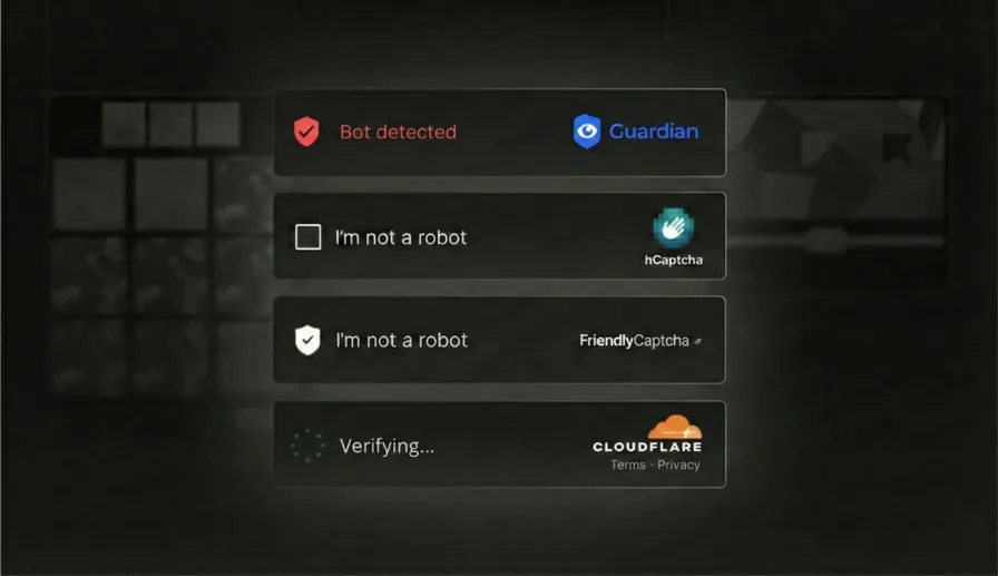 Comparison of reCAPTCHA alternatives including Cloudflare Turnstile, hCaptcha, and Guardian for bot prevention
