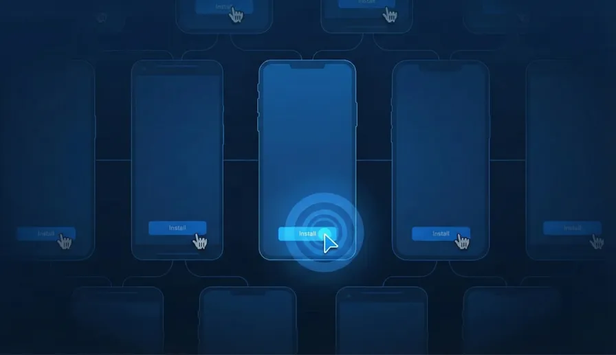 Illustration of a click farm operation with rows of devices generating fake clicks and a detection shield blocking fraudulent traffic