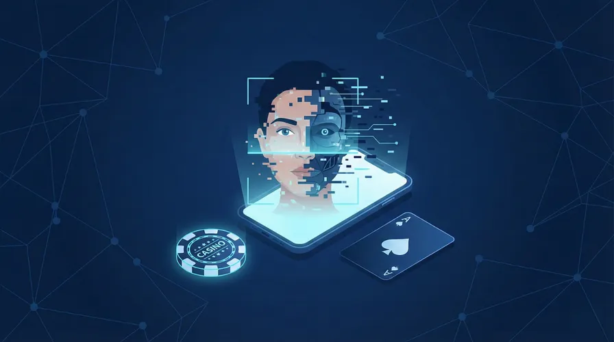 Illustration of a phone displaying a glitching face scan next to casino chips, representing deepfake fraud bypassing gambling KYC verification