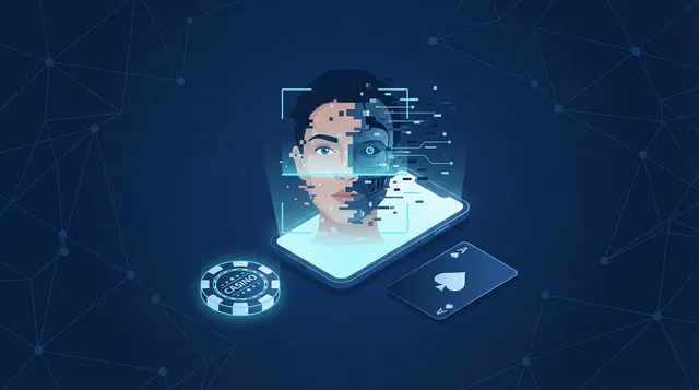 Illustration of a phone displaying a glitching face scan next to casino chips, representing deepfake fraud bypassing gambling KYC verification