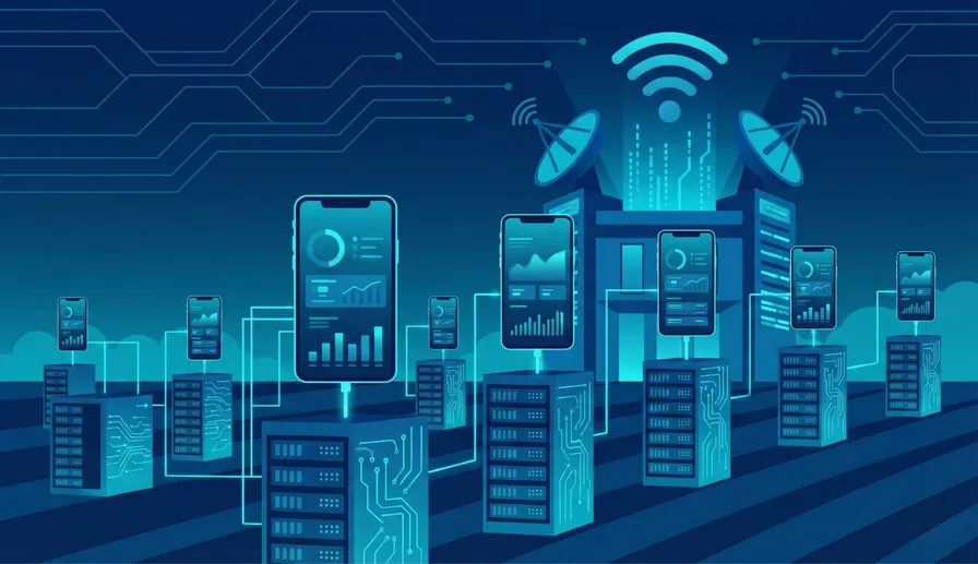 Rows of smartphones in a device farm rack being used to generate fake traffic, with a detection shield identifying fraudulent devices