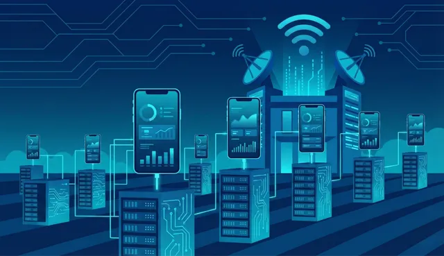 Rows of smartphones in a device farm rack being used to generate fake traffic, with a detection shield identifying fraudulent devices