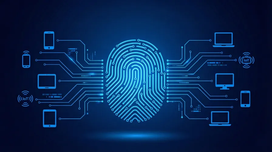 Diagram showing how device fingerprinting collects browser and device signals to create a unique visitor identifier