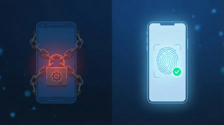 Illustration comparing heavy MDM device control with lightweight browser-based device trust for BYOD security