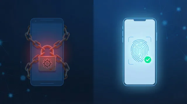 Illustration comparing heavy MDM device control with lightweight browser-based device trust for BYOD security
