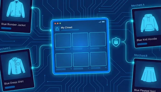 E-commerce platform dashboard connected to multiple merchant storefronts with a security shield icon representing fraud prevention at scale