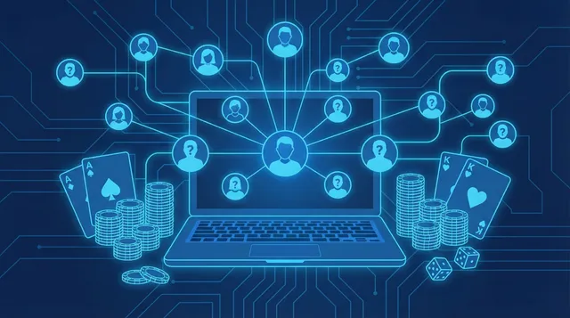 Illustration of a laptop with multiple fake user profiles coming out of it, surrounded by casino chips and cards, representing multi-accounting fraud in online gambling