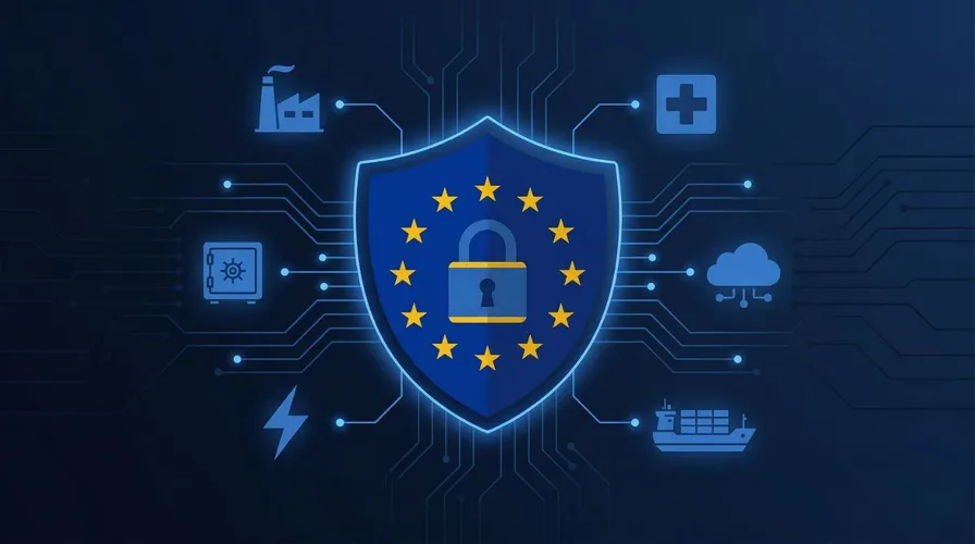 Browser showing a fictional EU NIS2 compliance portal with compliance status cards, one marked Active with Guardian
