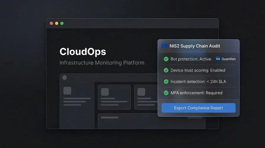 SaaS product interface with a NIS2 supply chain audit overlay showing compliance checks and Guardian bot protection active