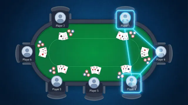 Illustration of an online poker table from above with connected player seats indicating collusion and cheating detection