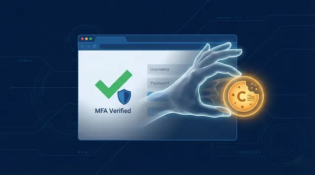 Illustration of a stolen session token being pulled from a browser to bypass MFA on a SaaS application