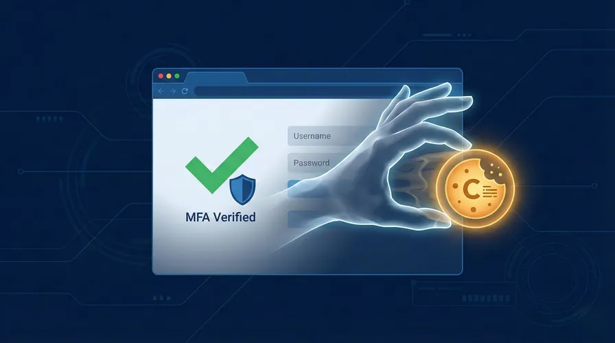 Illustration of a stolen session token being pulled from a browser to bypass MFA on a SaaS application