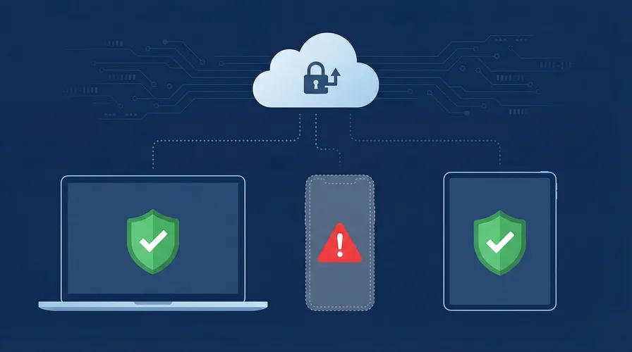 Illustration of managed and unmanaged devices accessing corporate SaaS apps, with unmanaged devices showing warning indicators