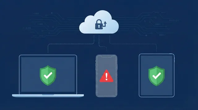 Illustration of managed and unmanaged devices accessing corporate SaaS apps, with unmanaged devices showing warning indicators